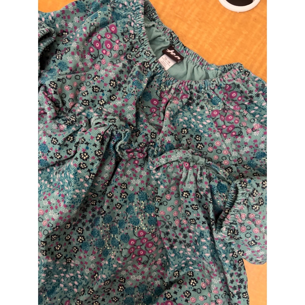 Tea Collection Baby Girls Teal Floral Corduroy Ruffle Top 12-18 Months